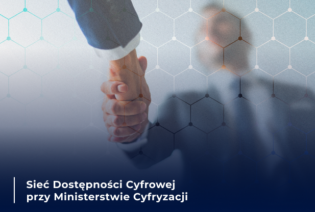Dwie osoby podają sobie dłonie na tle rozmytej sylwetki człowieka, z nałożonym wzorem połączonych sześciokątów symbolizujących sieć.