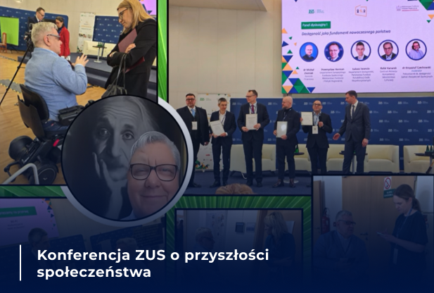 Kolaż ze zdjęciami z konferencji ZUS poświęconej przyszłości społeczeństwa, obejmujący rozmowy uczestników, panel dyskusyjny, wręczanie dokumentów i spotkania podczas wydarzenia.