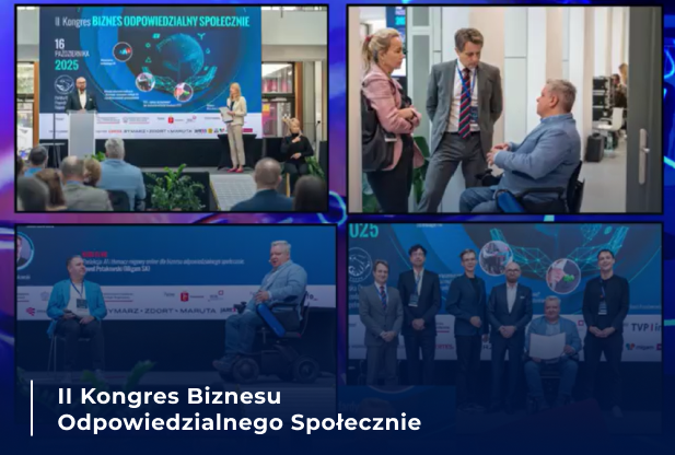 Uczestnicy II Kongresu Biznesu Odpowiedzialnego Społecznie podczas prezentacji, rozmów i wspólnych wystąpień na wydarzeniu.