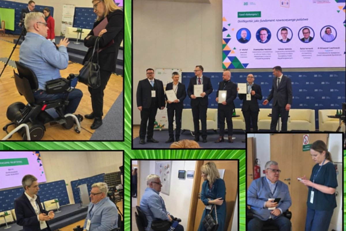 Kolaż ze zdjęciami z konferencji ZUS poświęconej przyszłości społeczeństwa, obejmujący rozmowy uczestników, panel dyskusyjny, wręczanie dokumentów i spotkania podczas wydarzenia.