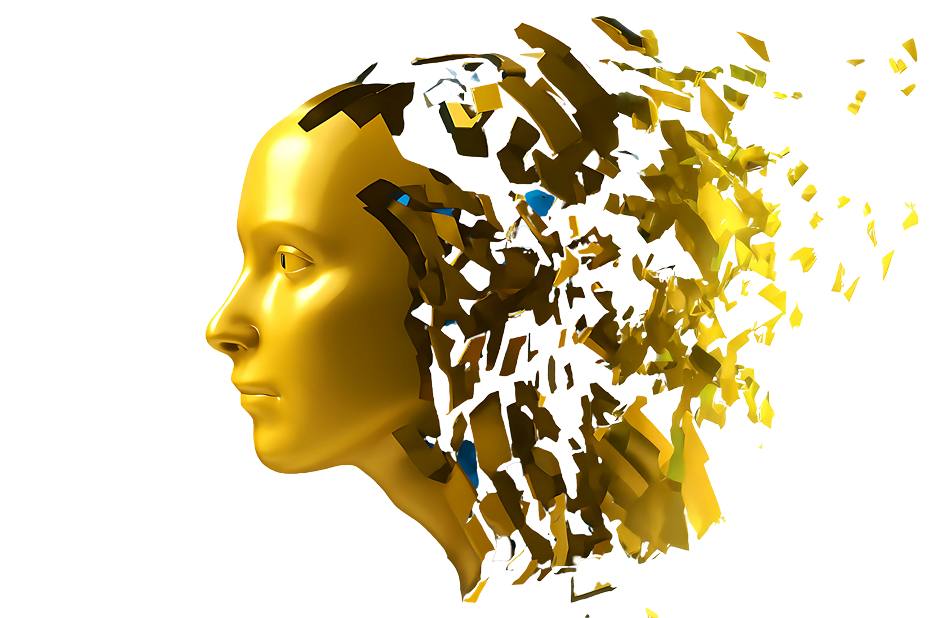 Złota głowa humanoidalnego robota pokazana z profilu. Tylna część głowy i szyi rozpada się na liczne metaliczne fragmenty unoszące się w prawo na granatowym tle.